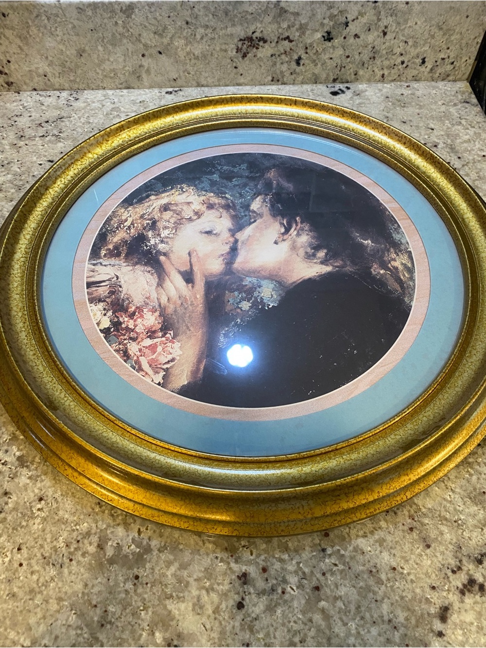 Vintage Romantic Kiss Wall Art - Gold Frame, Blue Mat